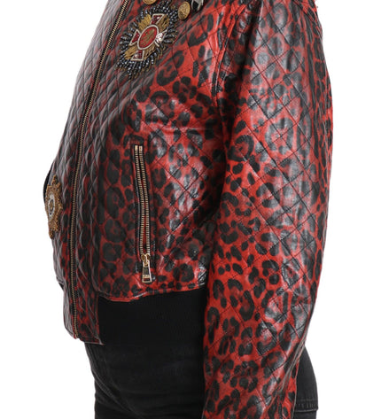 Dolce & Gabbana Red Leopard Bomber Leather Jacket with Crystal Buttons