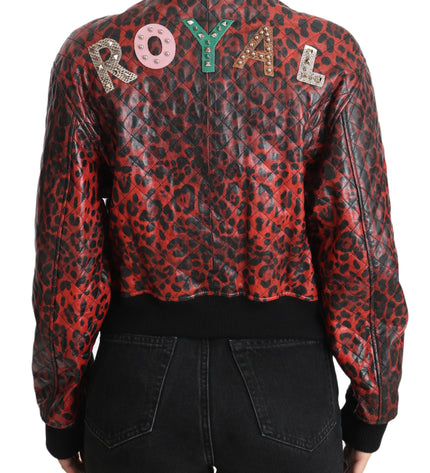 Dolce & Gabbana Red Leopard Bomber Leather Jacket with Crystal Buttons