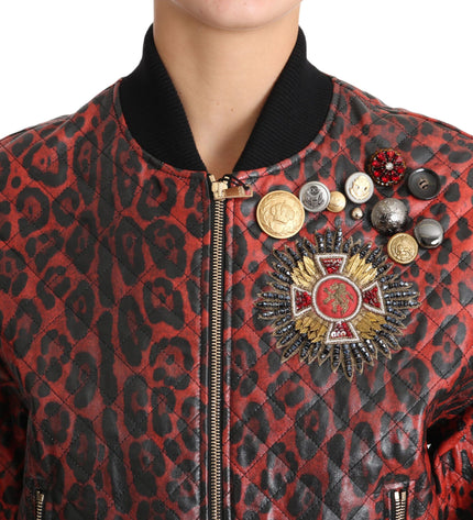 Dolce &amp; Gabbana Giubbotto bomber in pelle leopardata rossa con bottoni in cristallo