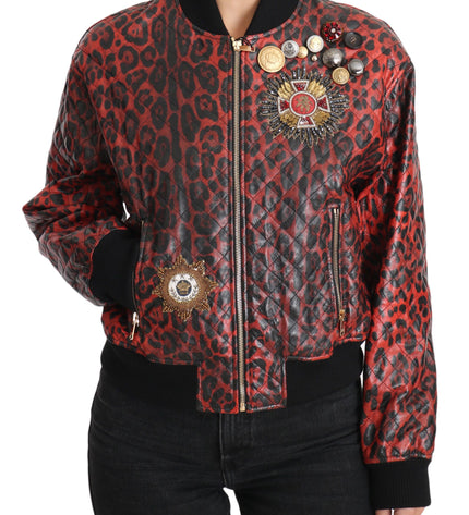 Dolce &amp; Gabbana Giubbotto bomber in pelle leopardata rossa con bottoni in cristallo