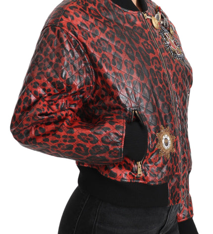 Dolce &amp; Gabbana Giubbotto bomber in pelle leopardata rossa con bottoni in cristallo