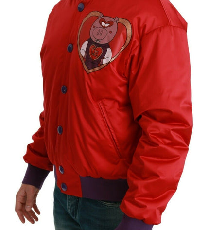 Dolce & Gabbana Vibrant Red Bomber Jacket with Multicolor Motif