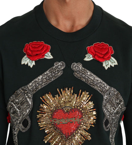 Dolce & Gabbana Emerald Cotton Sweater with Crystal Embroidery