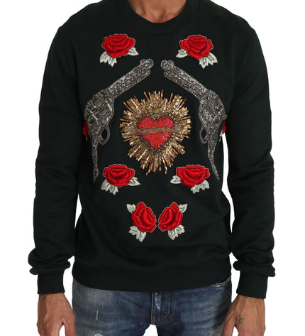 Dolce & Gabbana Emerald Cotton Sweater with Crystal Embroidery