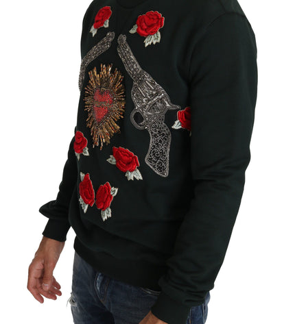 Dolce & Gabbana Emerald Cotton Sweater with Crystal Embroidery