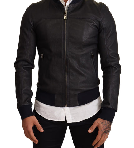 Dolce & Gabbana Elegant Leather Bomber Jacket in Dark Blue