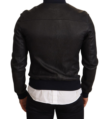 Dolce & Gabbana Elegant Leather Bomber Jacket in Dark Blue