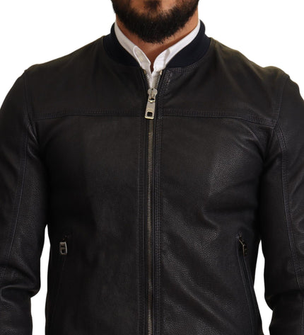 Dolce & Gabbana Elegant Leather Bomber Jacket in Dark Blue