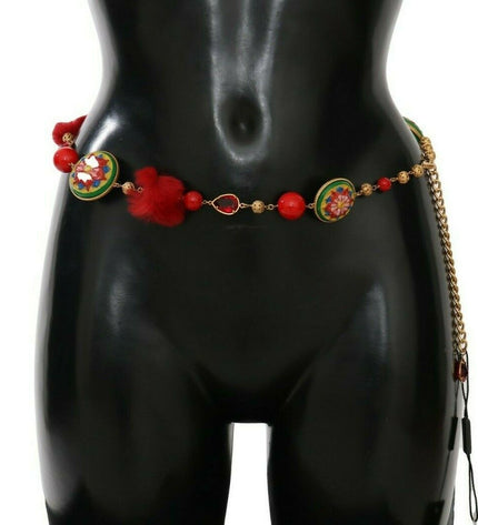 Dolce & Gabbana Exquisite Red Fur Crystal Torero Waist Belt