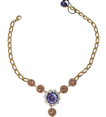 Dolce & Gabbana Elegant Gold Crystal Floral Charm Necklace