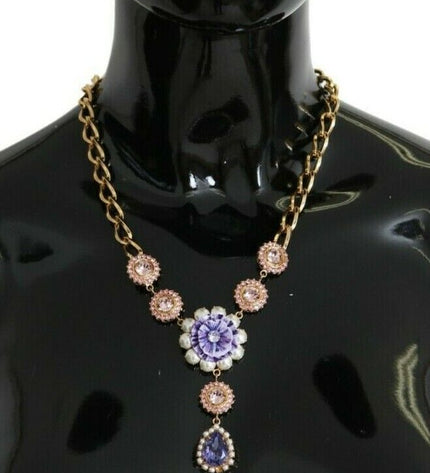 Dolce & Gabbana Elegant Gold Crystal Floral Charm Necklace