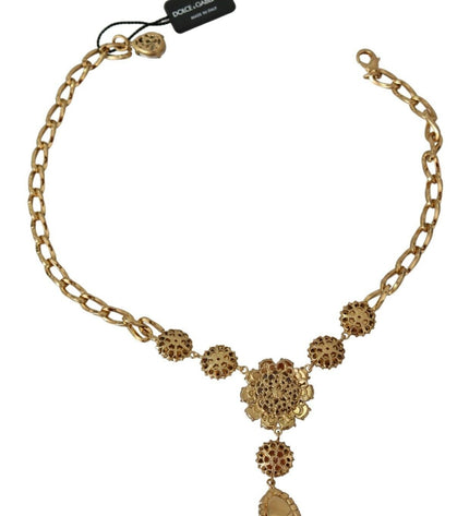 Dolce & Gabbana Elegant Gold Crystal Floral Charm Necklace