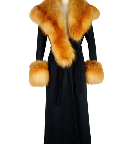 Made in Italy Elegant Black Wool Coat with Fox Fur Accents