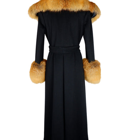 Made in Italy Elegant Black Wool Coat with Fox Fur Accents