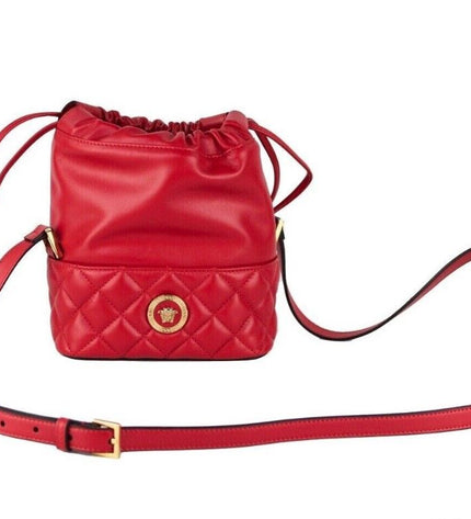 Borsa a tracolla a secchiello con coulisse in pelle trapuntata rossa Versace