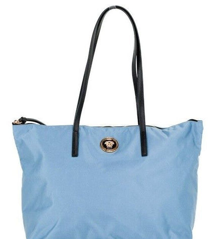 Versace Portuna Medusa Medium Cornflower Blue Nylon Leather Tote Bag Purse