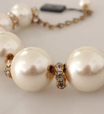 Dolce & Gabbana Elegant Faux Pearl Charm Necklace with Crystal Accents