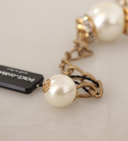 Dolce & Gabbana Elegant Faux Pearl Charm Necklace with Crystal Accents