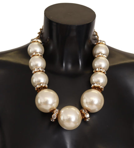 Dolce & Gabbana Elegant Faux Pearl Charm Necklace with Crystal Accents