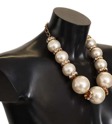 Dolce & Gabbana Elegant Faux Pearl Charm Necklace with Crystal Accents