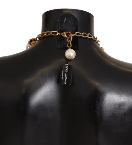 Dolce & Gabbana Elegant Faux Pearl Charm Necklace with Crystal Accents