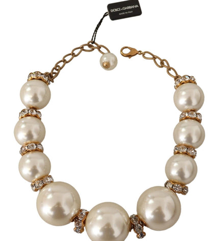 Dolce & Gabbana Elegant Faux Pearl Charm Necklace with Crystal Accents