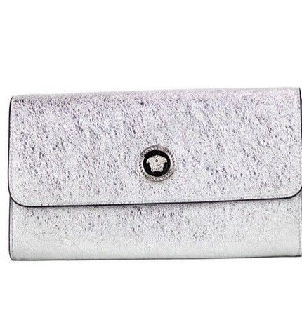 Versace Small Metallic Silver Lamb Leather Medusa Clutch Crossbody Wallet Bag