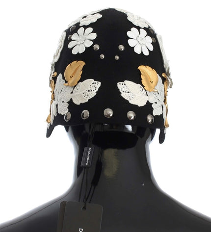 Dolce & Gabbana Elegant Black Floral Wool Cloche Hat