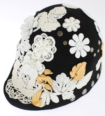 Dolce & Gabbana Elegant Black Floral Wool Cloche Hat