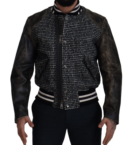 Dolce & Gabbana Multicolor Houndstooth Leather Bomber Jacket