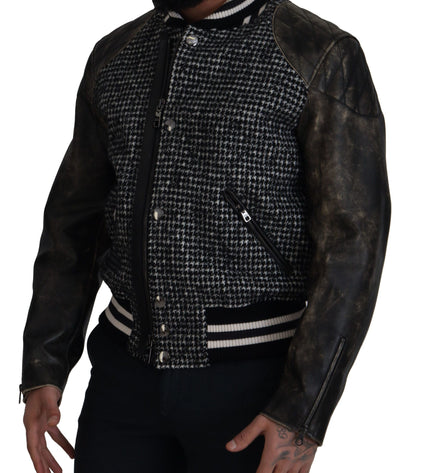 Dolce & Gabbana Multicolor Houndstooth Leather Bomber Jacket