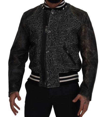 Dolce & Gabbana Multicolor Houndstooth Leather Bomber Jacket