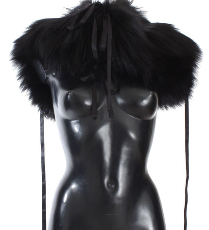 Dolce & Gabbana Elegant Black Fox Fur Silk Shoulder Wrap