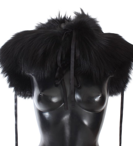 Dolce & Gabbana Elegant Black Fox Fur Silk Shoulder Wrap