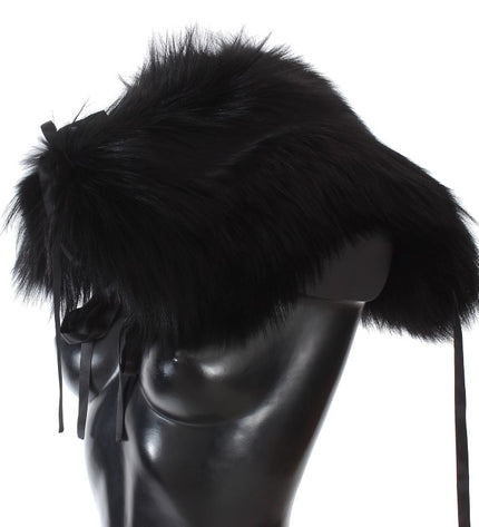 Dolce & Gabbana Elegant Black Fox Fur Silk Shoulder Wrap