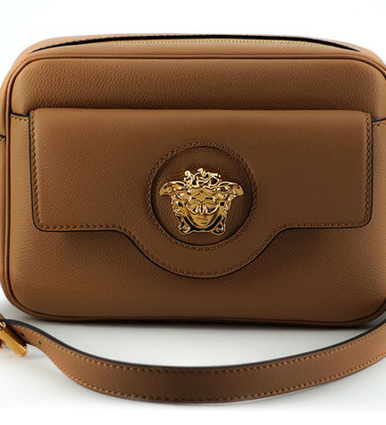 Versace Elegant Brown Leather Camera Case Shoulder Bag