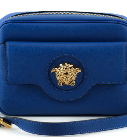 Borsa per fotocamera Versace elegante in pelle di vitello blu