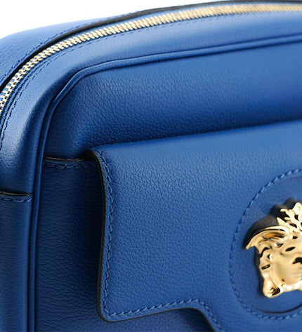 Borsa per fotocamera Versace elegante in pelle di vitello blu