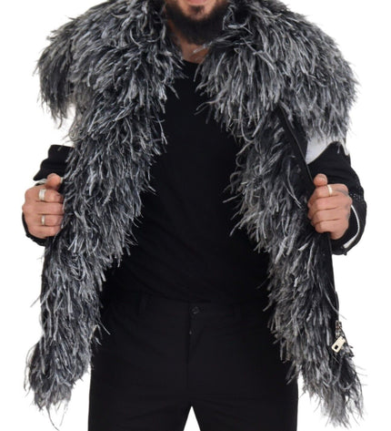 Dolce &amp; Gabbana Elegante giacca con zip in shearling in bianco e nero