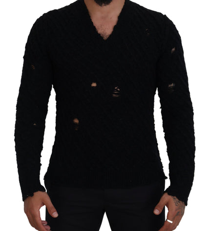 Dolce &amp; Gabbana Maglione elegante con scollo a V in misto lana nera