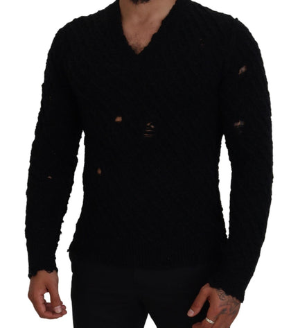 Dolce &amp; Gabbana Maglione elegante con scollo a V in misto lana nera