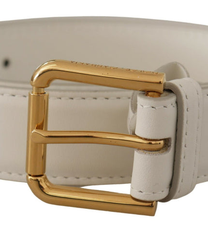 Dolce & Gabbana Chic White Leather Belt with Gold Engraved Buckle