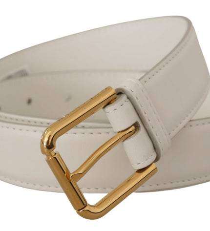 Dolce & Gabbana Chic White Leather Belt with Gold Engraved Buckle