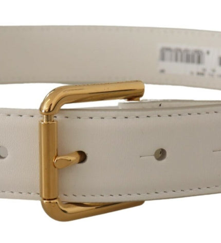 Dolce & Gabbana Chic White Leather Belt with Gold Engraved Buckle