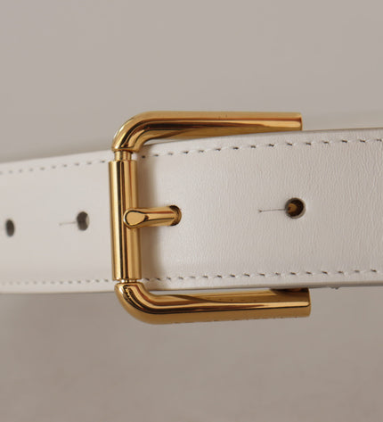 Dolce & Gabbana Chic White Leather Belt with Gold Engraved Buckle