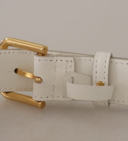 Dolce & Gabbana Chic White Leather Belt with Gold Engraved Buckle