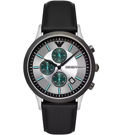 Emporio Armani Elegant Silver Dial Leather Chronograph