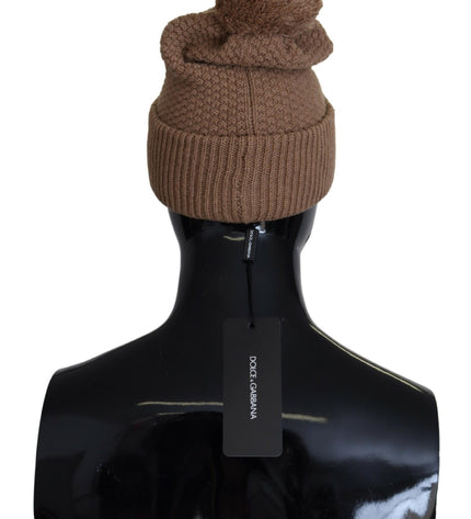 Dolce & Gabbana Elegant Camel Knit Beanie with Fur Accent