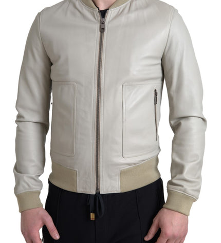 Giubbotto bomber in pelle color crema Dolce &amp; Gabbana