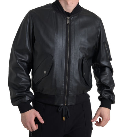 Dolce & Gabbana Elegant Black Leather Bomber Jacket